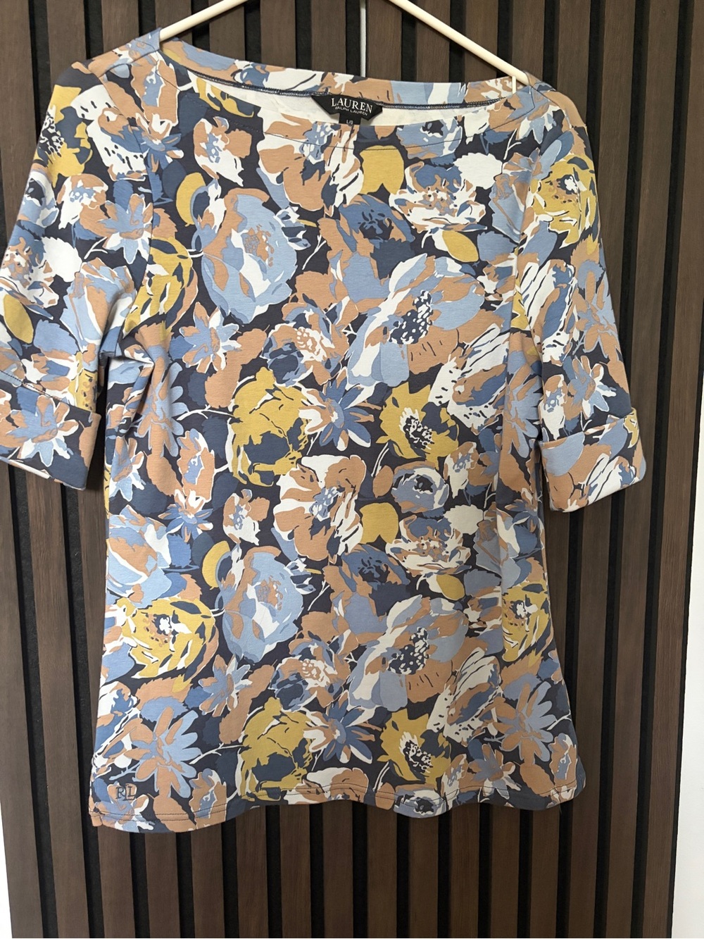Lauren Ralph Lauren Floral Cotton Stretch Top Women’s L Blue Yellow Short Sleeve - Picture 2 of 10